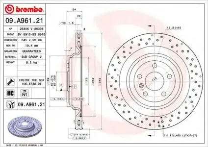 BREMBO 09A96121 Диск торм.вент. , перфорированный