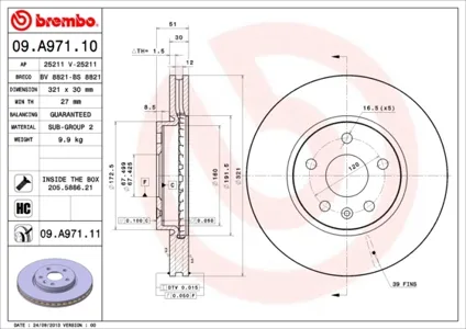 BREMBO 09A97111 Диск торм.вент.