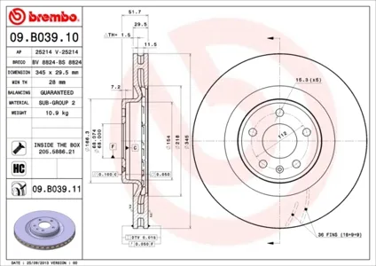 BREMBO 09B03911 Диск торм.вент.