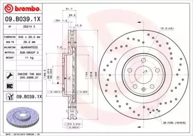 BREMBO 09B0391X Диск торм.вент. , перфорированный, Xtra