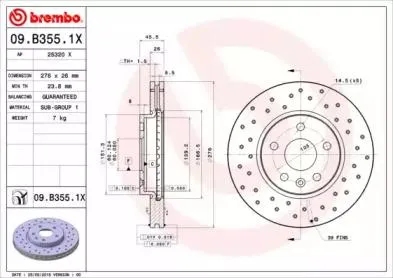 BREMBO 09B3551X Диск торм.вент. , перфорированный, Xtra