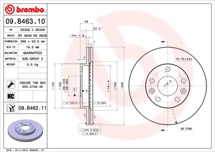 BREMBO 09B46311 Диск торм.вент.