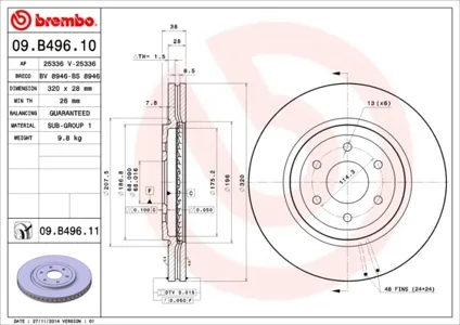 BREMBO 09B49611 Диск тормозной 09.B496.11 передний с покрытием Nissan Pathfinder Navara 2.5dCi3.0dCi 05>