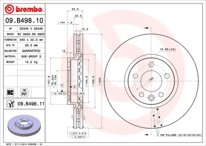 BREMBO 09B49811 Диск торм. пер.вент. [340x32,5] 5 отв.