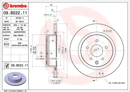 BREMBO 09B52211 Диск торм.задний вентилируемый