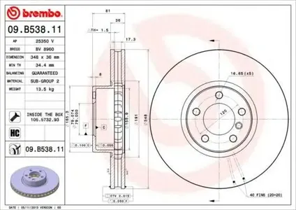 BREMBO 09B53811 Диск торм.вент.