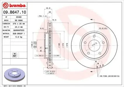 BREMBO 09B64710 Диск торм.вент.