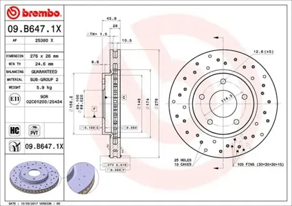 BREMBO 09B6471X Диск торм.вент. , перфорированный, Xtra