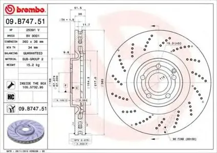 BREMBO 09B74751 Диск торм.вент. , перфорированный