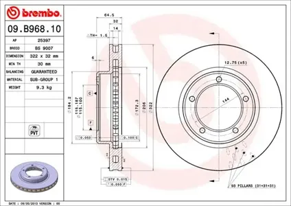 BREMBO 09B96811 Диск тормозной Toyota Land Cruiser (J70) передний вент.