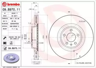 BREMBO 09B97011 09.B970.11 диск тормозн. пер. 345mm Audi A4A5 1.8-3.22.0D-3.0D 07>, A6A7 2.02.82.0D3.0D 07>