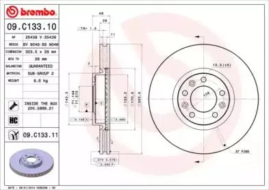 BREMBO 09C13311 Диск торм. пер. вент.[304x28] 5 отв.