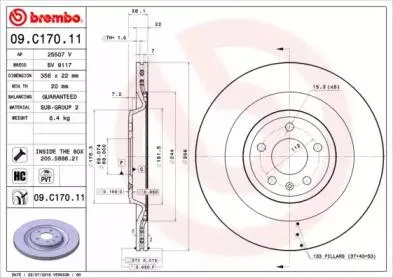BREMBO 09C17011 Диск тормозной Audi A6A7A8 09- задн. 356мм.