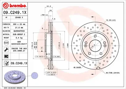 BREMBO 09C2491X Диск торм.вент. , перфорированный, Xtra
