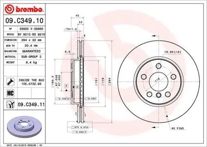 BREMBO 09C34911 Диск торм. пер. вент.[294x22] 5 отв.