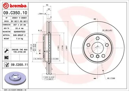 BREMBO 09C35011 Диск торм. пер. вент. [307x24] 5 отв.