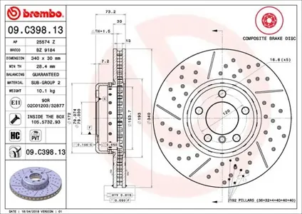 BREMBO 09C39813 Диск торм. передний вент. [340x30] 5 отв.