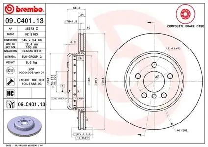 BREMBO 09C40113 Диск тормозной BMW 3 (F30F31) 11- 2.0-3.0 перед.вент. D=345