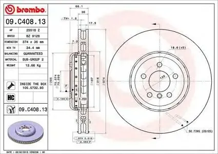 BREMBO 09C40813 Диск торм.вент.