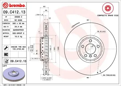 BREMBO 09C41213 Диск торм. передн.вент.L [374x36] 5 отв.