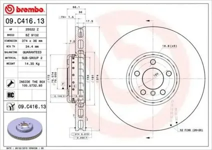 BREMBO 09C41613 Диск тормозной BMW 5 (F07)7 ( F01,F02,F03,F04 ) 08- 3.04.46.0 перед.лев.вент.