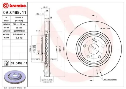BREMBO 09C49911 Диск тормозной 09.C499.11 передний Lexus NXRX, Toyota RAV4 2.0-3.5h 08>