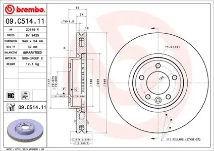 BREMBO 09C51411 Диск тормозной 09.C514.11 передний Land Rover Rangerover 3.0TD 4x44.4TD V8 4x45.0 V8 4x4 12>