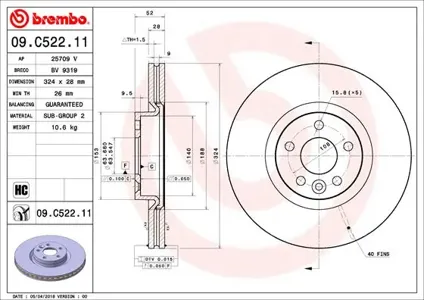 BREMBO 09C52211 Диск тормозной 09.C522.11 перед. Volvo Xc60 D3 08-17