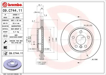 BREMBO 09C74411 Диск тормозной передн. с УФ покрытием BMW 2 Active Tourer (F45) 1113-> MINI MINI (F55) 0913->
