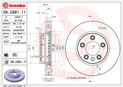 BREMBO 09C88111 Диск тормозной 09.C881.11 передний правый Porsche Cayenne , VW Touareg 3.2-5.0TDi 02>