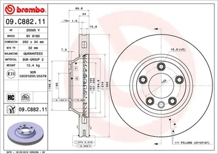 BREMBO 09C88211 Диск тормозной Audi Q7 07>VW Touareg 03> Porsche Cayenne передний лев.вент.