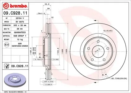 BREMBO 09C92811 Диск торм.перед.вент.