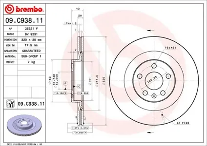 BREMBO 09C93811 Диск торм. зад.[320x20] 5 отв. Volvo XC90 II 14=>S90 16=>Tugella FY11