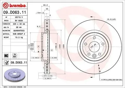 BREMBO 09D06311 Диск тормозной Jaguar XEXF 15- перед.вент.