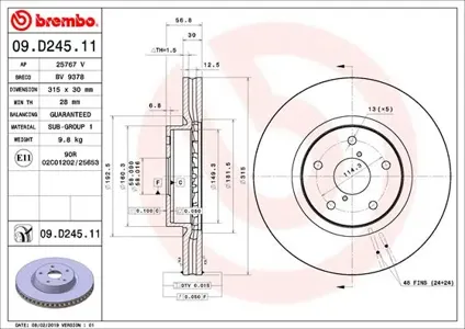 BREMBO 09D24511 Диск торм.пер.вент.[315,5x30] 5 отв.