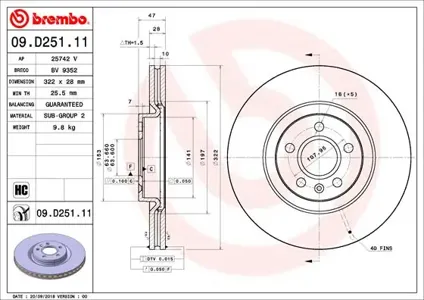 BREMBO 09D25111 Торм. диск перед. (вент.) Geely Tugella 2.0T 20- (322x28x5)
