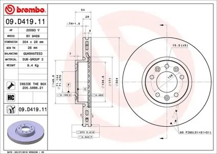 BREMBO 09D41911 Диск торм.вент.