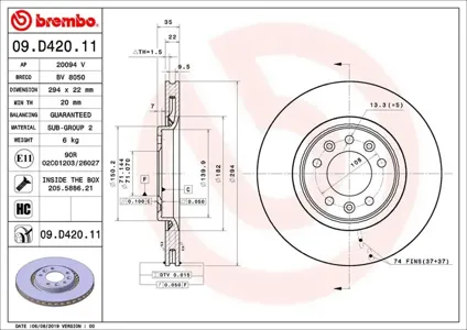 BREMBO 09D42011 Диск торм.задний с УФ покрытием Citroen JUMPY Bus (V) 0416-> Citroen JUMPY PlatformChassis