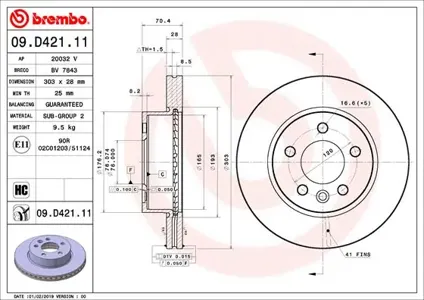 BREMBO 09D42111 Диск торм.вент.