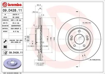 BREMBO 09D42811 Диск торм. перед.вент.(d=305mm) Hyundai Tucson Kia Sportage 16- Kia Optima IV 2.0, Hyundai Sonata NEW 2014->
