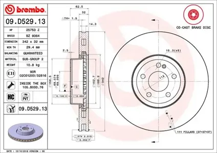 BREMBO 09D52913 Диск тормозной 09.D529.13 передний d=342 Mercedes E-CLASS W213 16>