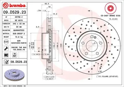 BREMBO 09D52923 Диск торм.задний перфорированный с покрытием Mercedes W204S204 1.82.12.53.0 07>