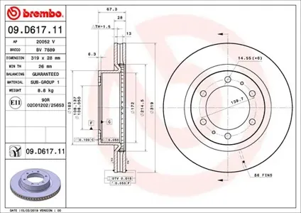 BREMBO 09D61711 Диск тормозной передн. с УФ покрытием Toyota Fortuner (N5 N6) 0604-0915 Toyota Hilux VII Pi