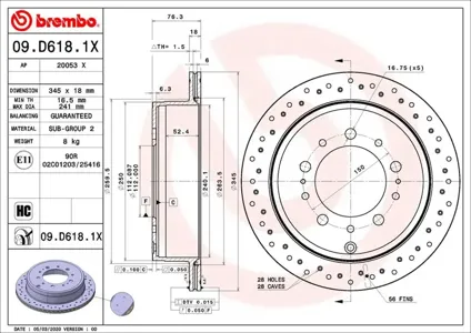 BREMBO 09D6181X Диск тормозной 09.D618.1X задний Toyota Land Cruiser 200 4.74.5D 07>, Lexus LX 5.7 08>
