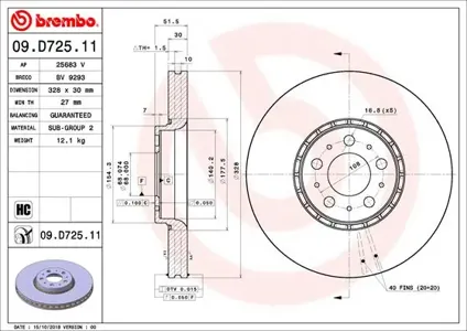 BREMBO 09D72511 Диск тормозной 09.D725.11 передний Volvo XC90 2.5TD5T6 02>