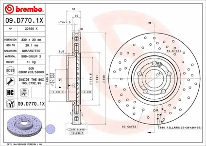 BREMBO 09D7701X Диск торм.вент. , перфорированный, Xtra