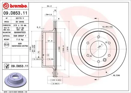 BREMBO 09D85311 Диск тормозной 09.D853.11 задний Mitsubishi Colt 1.1-1.5i1.5D 04>