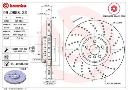 BREMBO 09D89823 Диск торм.вент. , перфорированный