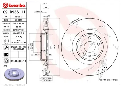 BREMBO 09D93611 Диск тормозной Porsche MACAN (95B) 3.6 Turbo 2016-