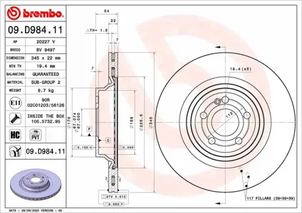 BREMBO 09D98411 Диск тормозной Mercedes W167X167 19- задн.вент. d-345мм